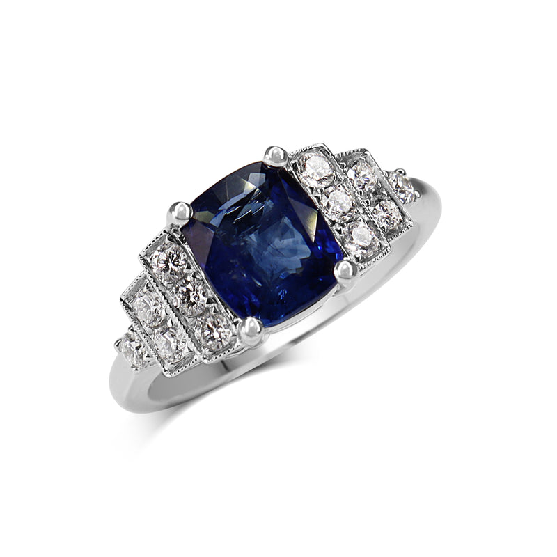 18ct White Gold Cushion Sapphire and Art Deco Style Stepped Down Diamond Ring