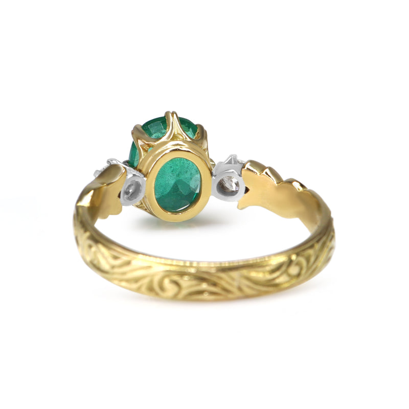 18ct Yellow Gold Emerald and Diamond Vintage Style Ring With Etched Band