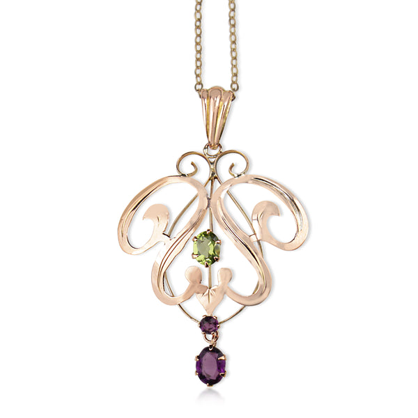 9ct Rose Gold Antique Peridot and Amethyst Suffragette Necklace