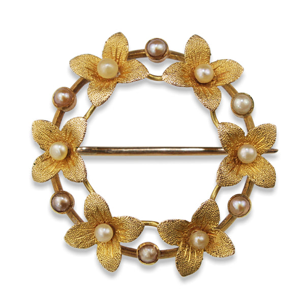 15ct Yellow Gold Antique Seed Pearl Floral Wreath Brooch