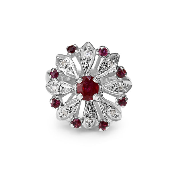 Palladium Ruby and Single Cut Diamond Flower Ring