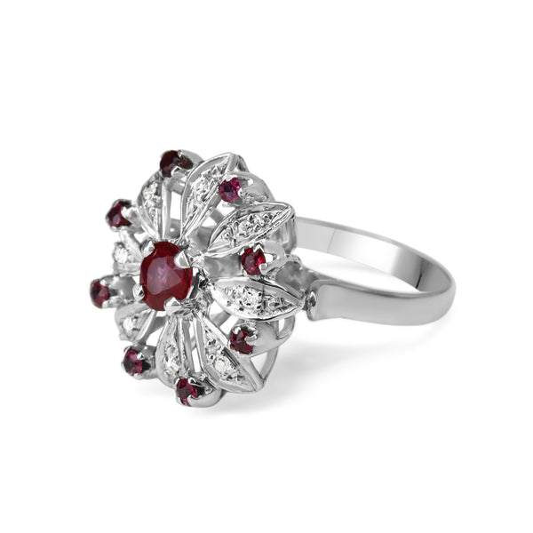 Palladium Ruby and Single Cut Diamond Flower Ring