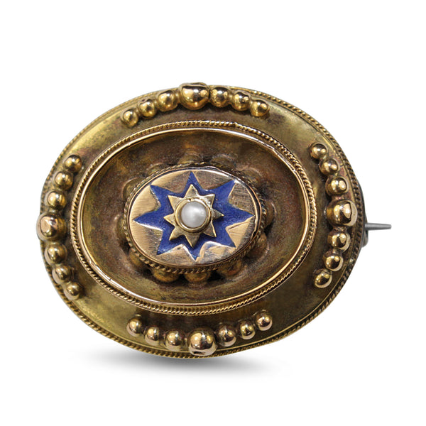 9ct Yellow Gold Antique Victorian Mourning Brooch with Enamel and Seed Pearl