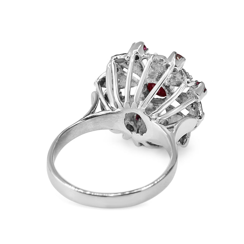Palladium Ruby and Single Cut Diamond Flower Ring