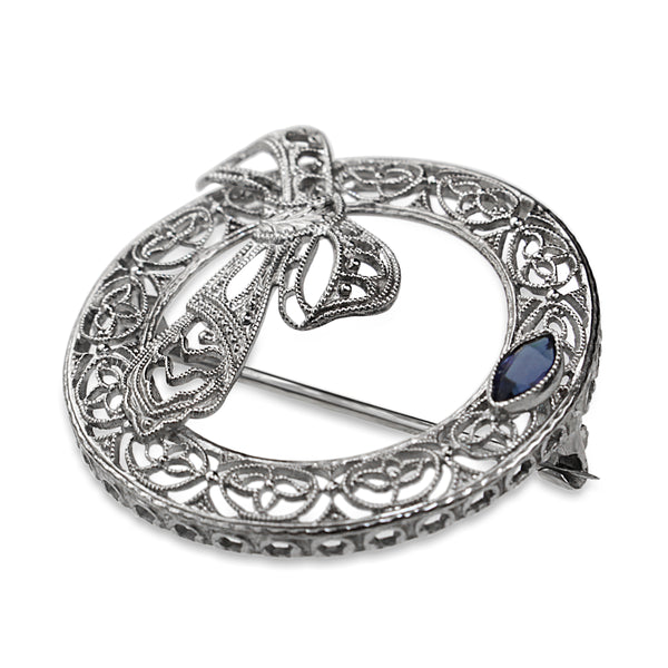 10ct White Gold Filigree Sapphire Wreath Brooch