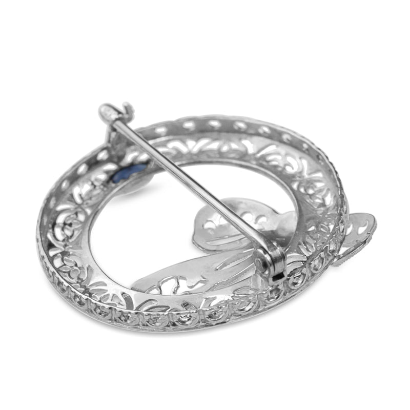 10ct White Gold Filigree Sapphire Wreath Brooch