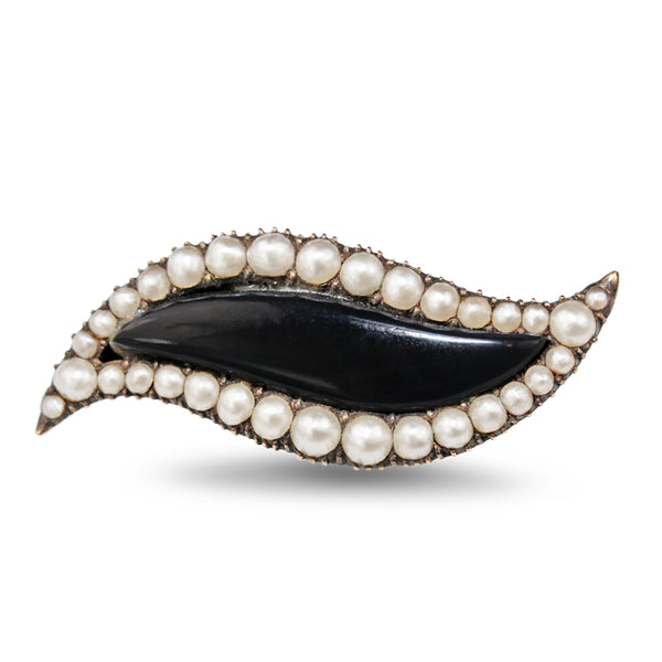 9ct Rose Gold Onyx and Seed Pearl Brooch With Silver Pin