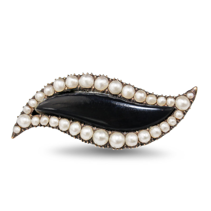 9ct Rose Gold Onyx and Seed Pearl Brooch With Silver Pin