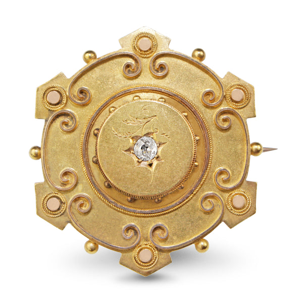 18ct Yellow Gold Victorian Mourning Brooch / Pendant with Old Cut Diamond