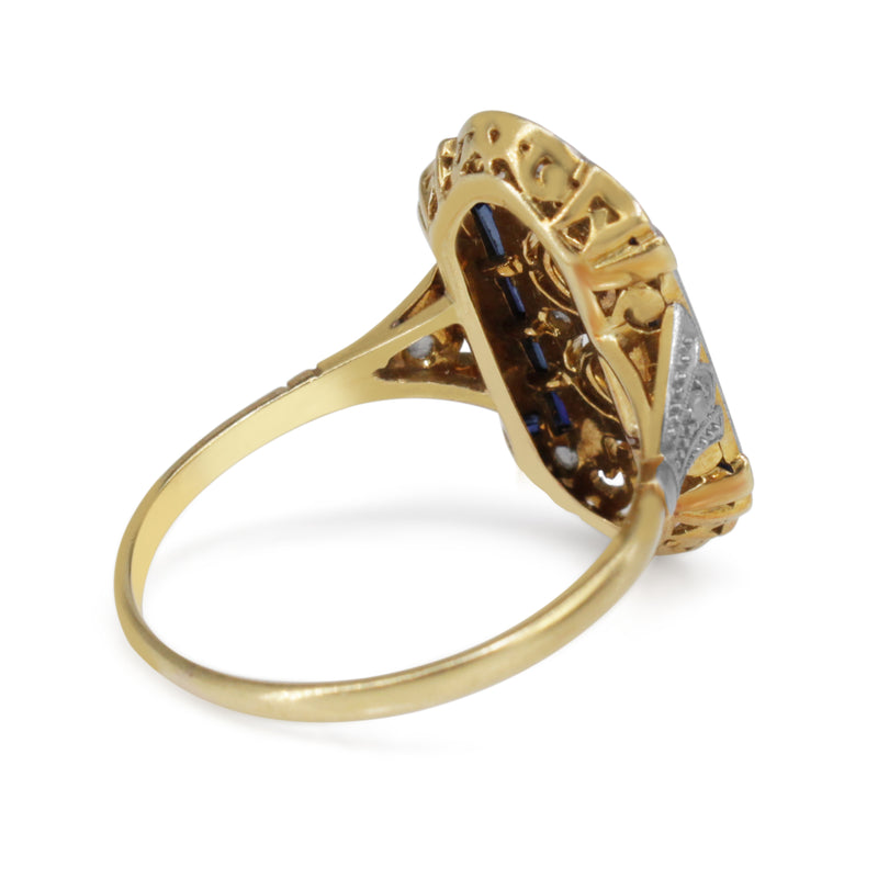 18ct Yellow and White Gold Art Deco Sapphire and Old Cut Diamond Ring
