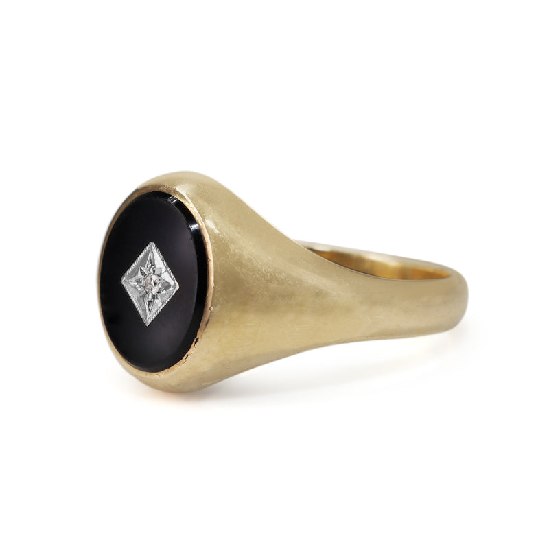 9ct Yellow Gold Onyx and Diamond Vintage Signet Ring