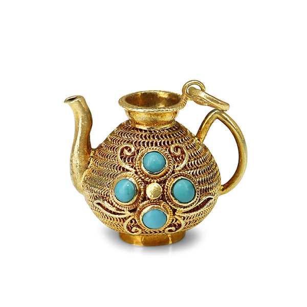 14ct Yellow Gold Basket Charm / Pendant with Turquoise