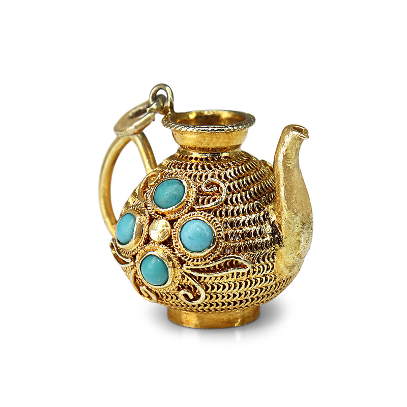 14ct Yellow Gold Basket Charm / Pendant with Turquoise