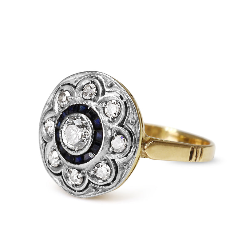 18ct Yellow and White Gold Art Deco Sapphire and Old Cut Diamond Target Style Ring