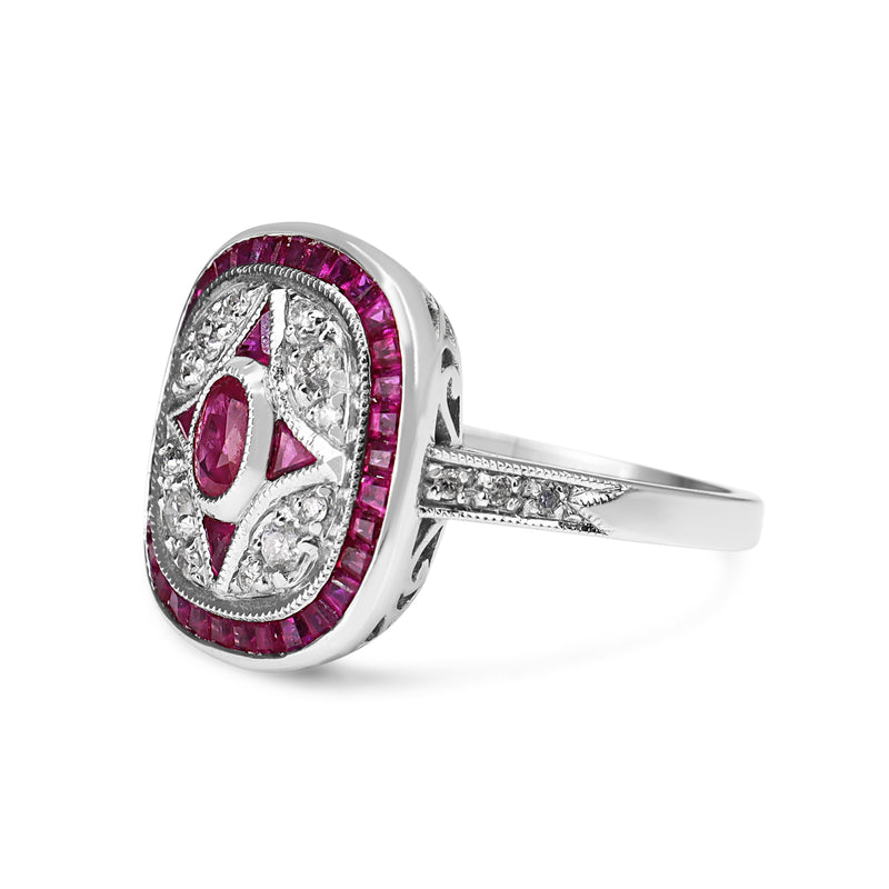 9ct White Gold Ruby and Diamond Art Deco Style Ring
