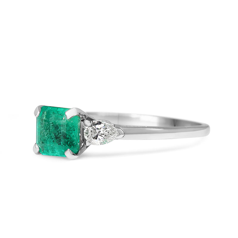 14ct White Gold Emerald and Pear Diamond 3 Stone Ring