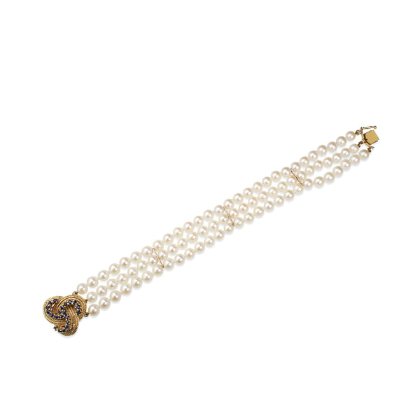 14ct Yellow Gold Sapphire and Akoya Pearl 3 Strand Bracelet