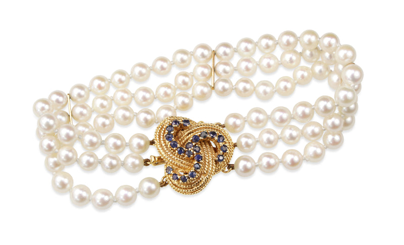 14ct Yellow Gold Sapphire and Akoya Pearl 3 Strand Bracelet