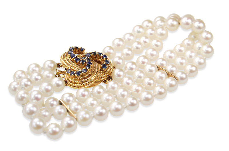 14ct Yellow Gold Sapphire and Akoya Pearl 3 Strand Bracelet