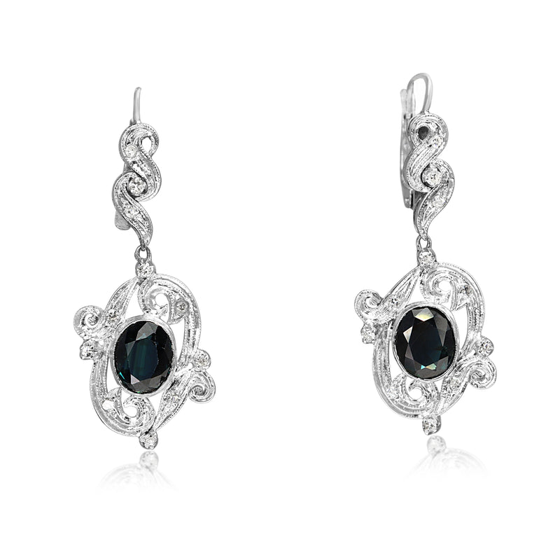 Palladium Sapphire and Single Cut Diamond Vintage Earrings