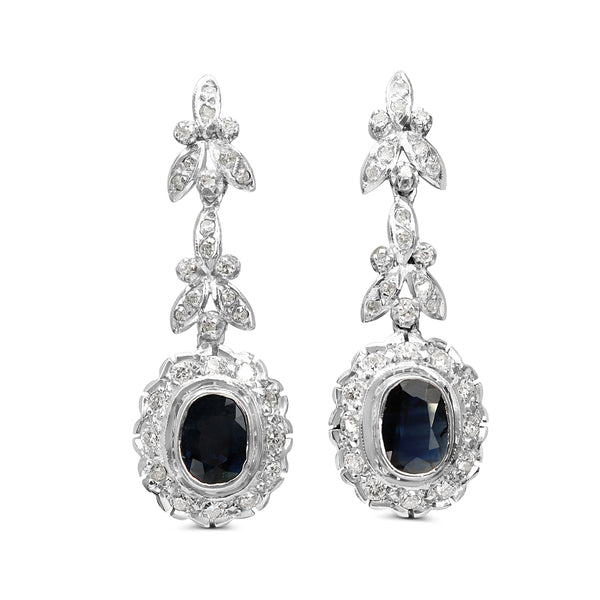 Palladium Sapphire and Single Cut Diamond Floral Drop Earrings