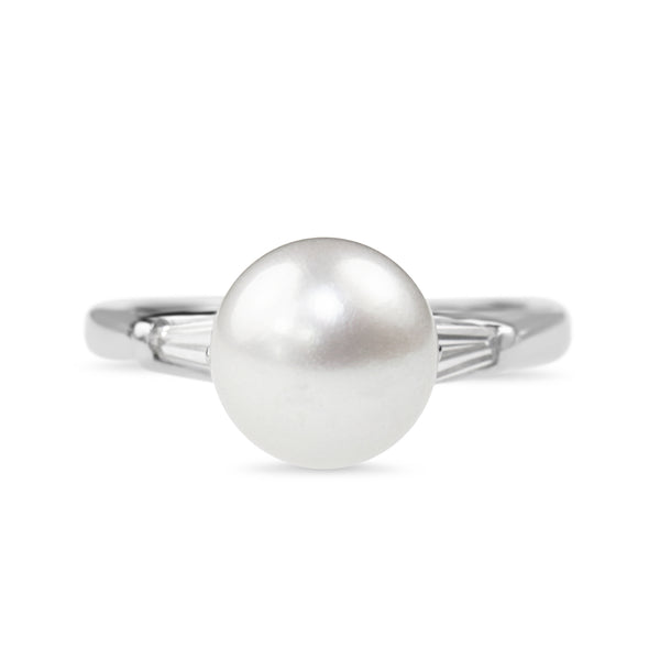 Platinum 8mm Cultured Pearl and Baguette Diamond Ring