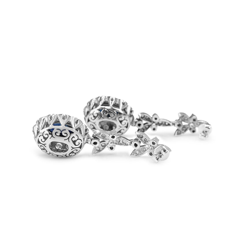 Palladium Sapphire and Single Cut Diamond Floral Drop Earrings