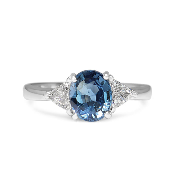 Platinum Sapphire and Diamond Trillion 3 Stone Ring