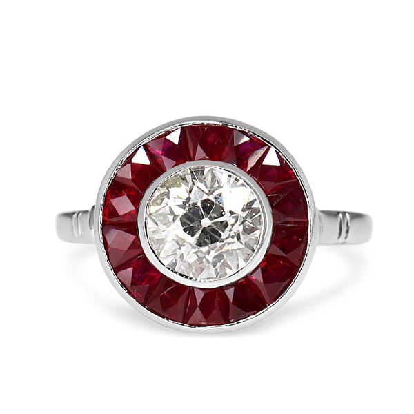 18ct White Gold Ruby and Diamond Art Deco Style Old Cut Diamond Target Ring