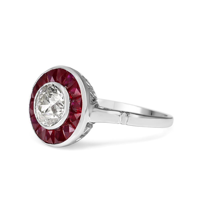 18ct White Gold Ruby and Diamond Art Deco Style Old Cut Diamond Target Ring