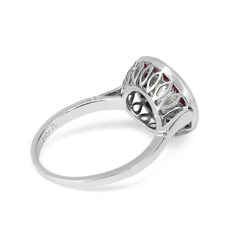 18ct White Gold Ruby and Diamond Art Deco Style Old Cut Diamond Target Ring