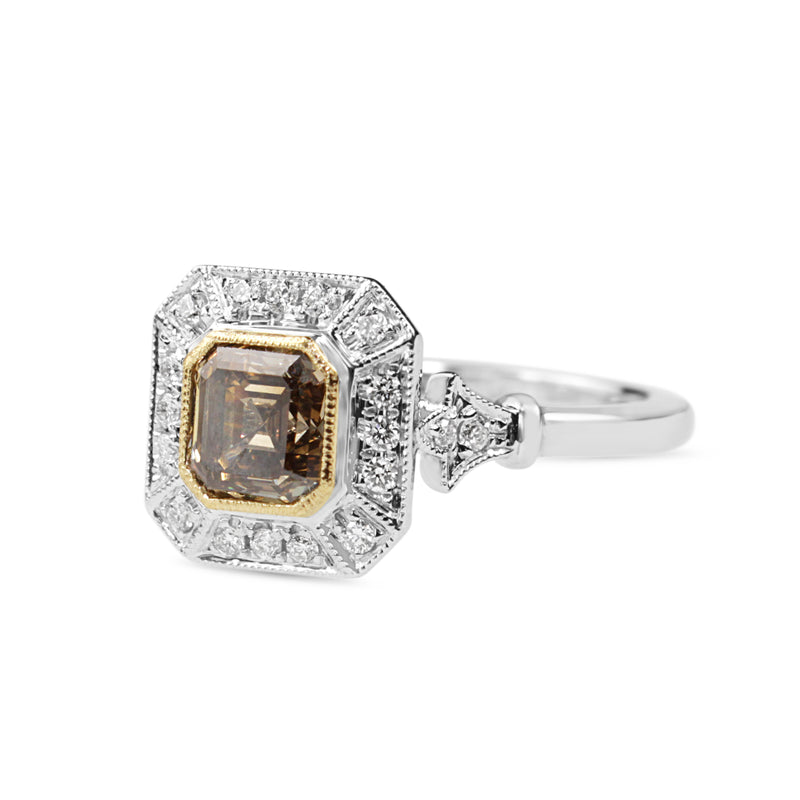 18ct White and Yellow Gold Deco Style Champagne Diamond Halo Ring