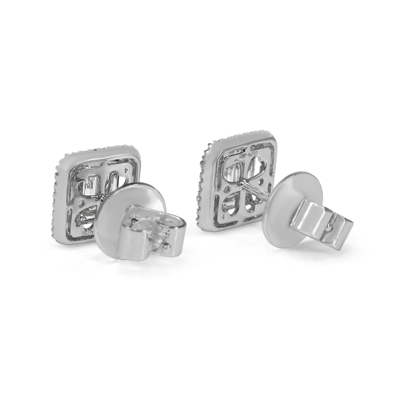 18ct White Gold Baguette and Round Diamond Cluster and Halo Stud Earrings