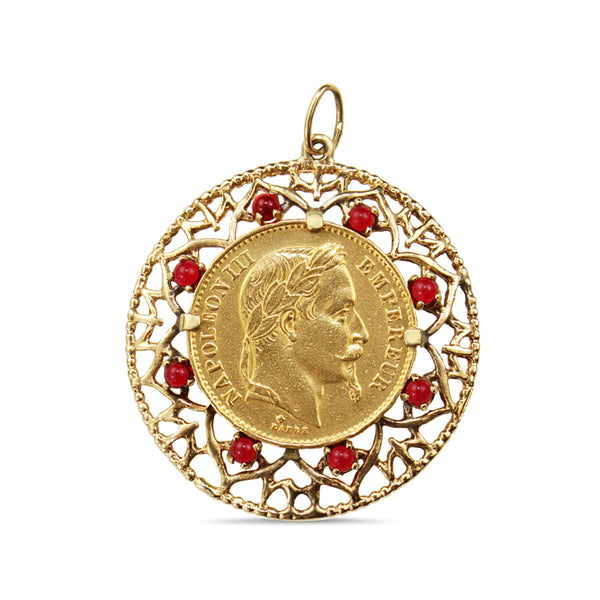 22ct French Sovereign from 1863 in 14ct Yellow Gold Pendant Case with Garnets