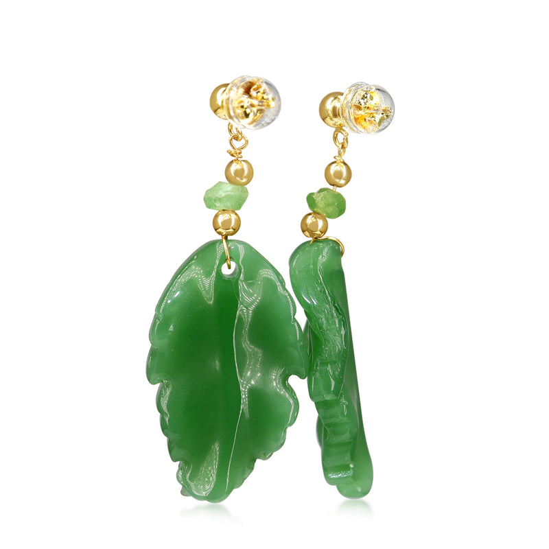 14ct Yellow Gold Jade Carved Leaf and Emerald Earrings