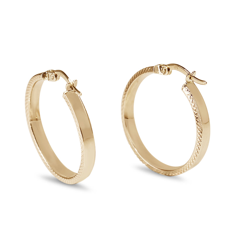 9ct Yellow Gold Flat Hoop Earrings with Side Etching