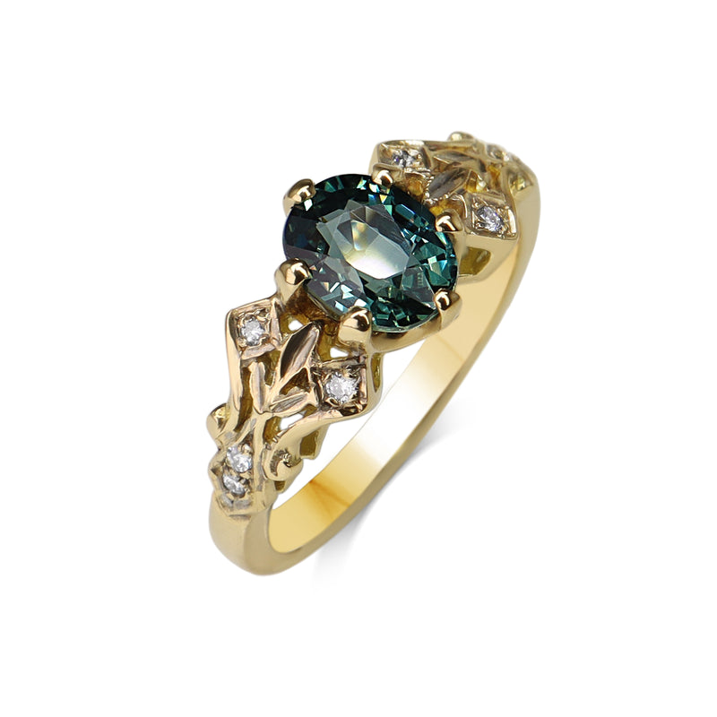 18ct Yellow Gold Teal Sapphire and Diamond Vintage Style Ring