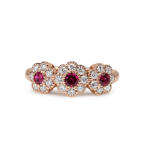 18ct Rose Gold Ruby and Diamond Triple Daisy Ring