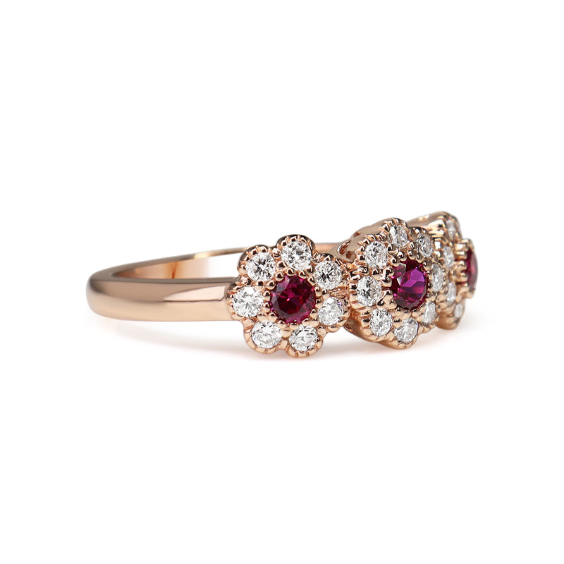 18ct Rose Gold Ruby and Diamond Triple Daisy Ring