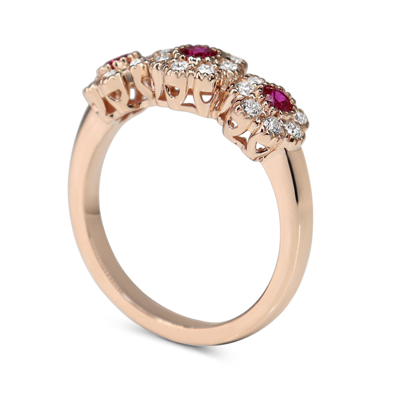 18ct Rose Gold Ruby and Diamond Triple Daisy Ring