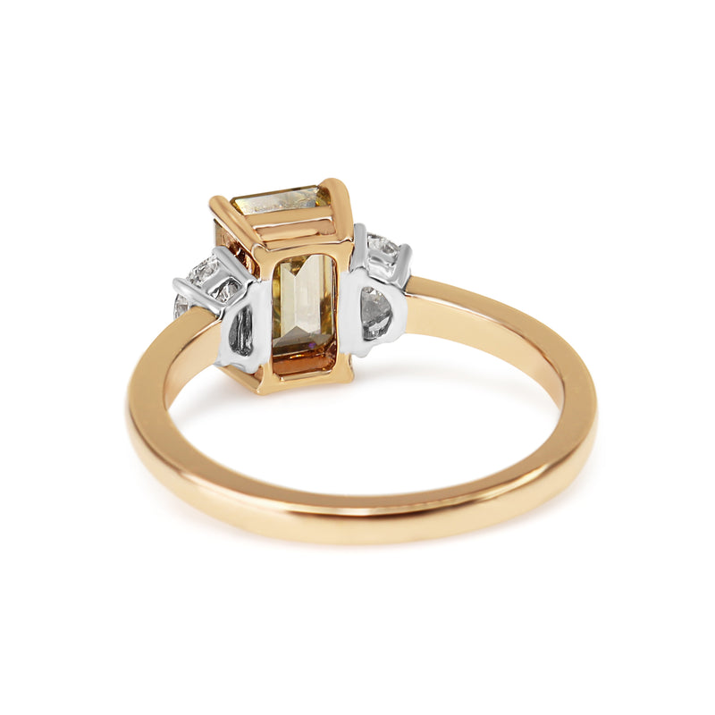 18ct Rose / Beige Gold 2.04ct Emerald Cut Champagne and Half Moon Diamond 3 Stone Ring
