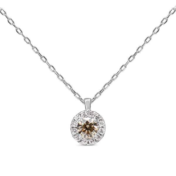 Platinum Champagne and White Diamond Halo Necklace
