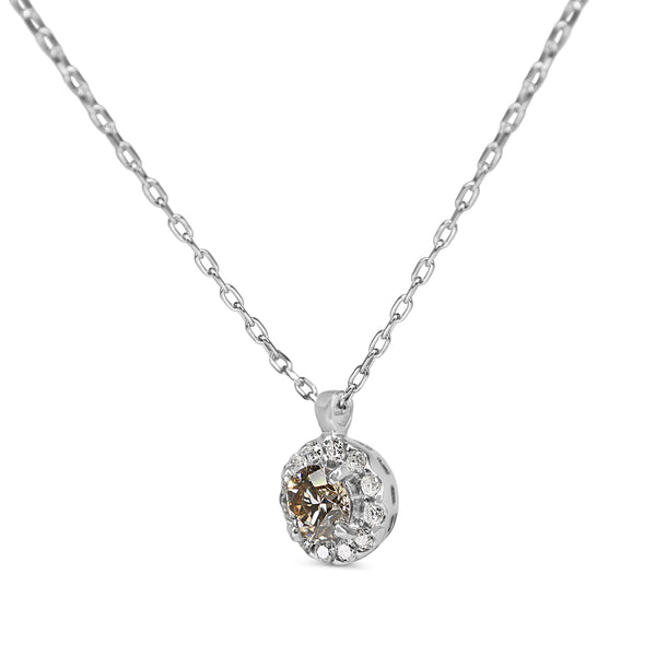 Platinum Champagne and White Diamond Halo Necklace