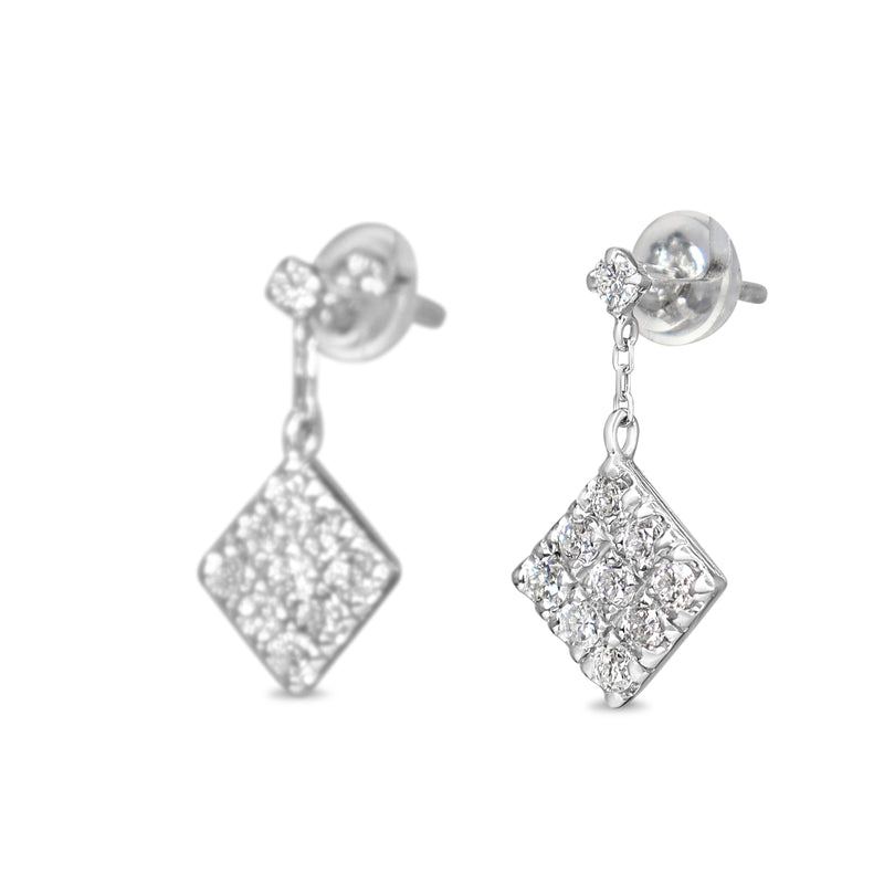 Platinum Diamond Tilted Square Cluster Diamond Drop Earrings