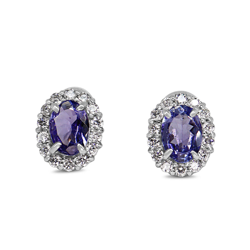 18ct White Gold Tanzanite and Diamond Halo Stud Earrings
