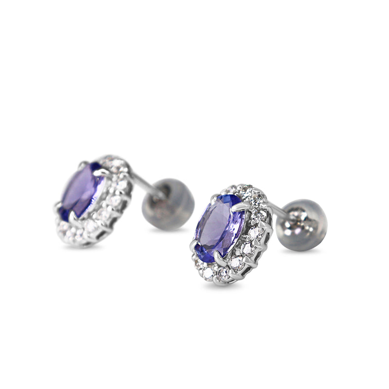 18ct White Gold Tanzanite and Diamond Halo Stud Earrings