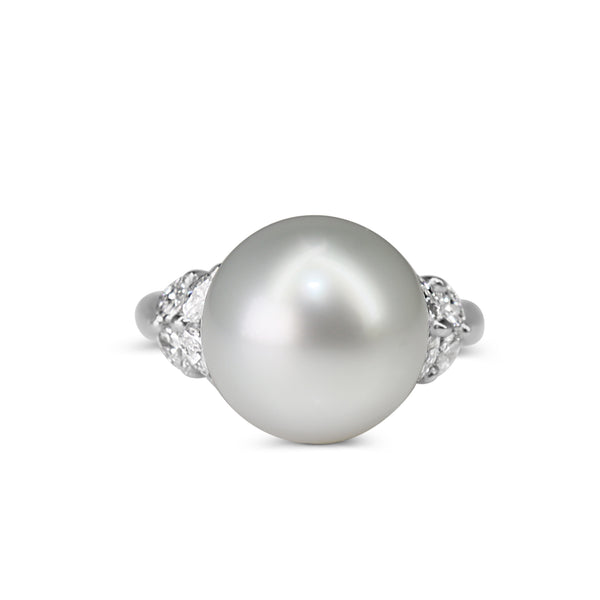 Platinum 13mm South Sea Pearl and Marquise Diamond Ring