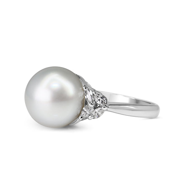 Platinum 13mm South Sea Pearl and Marquise Diamond Ring