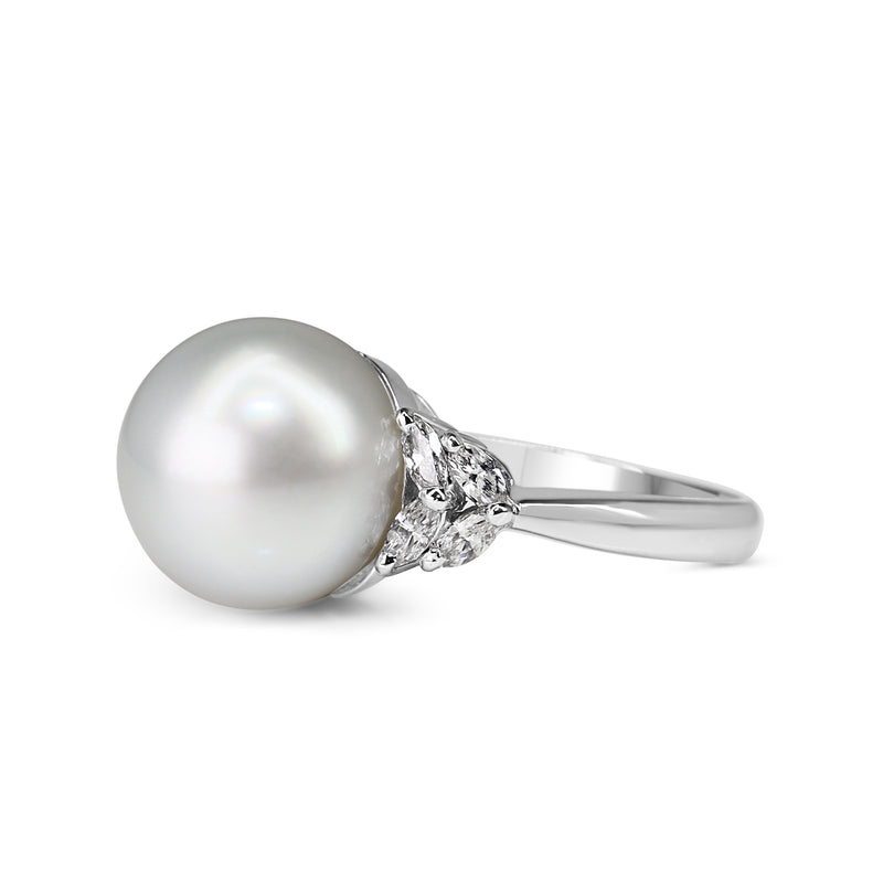 Platinum 13mm South Sea Pearl and Marquise Diamond Ring