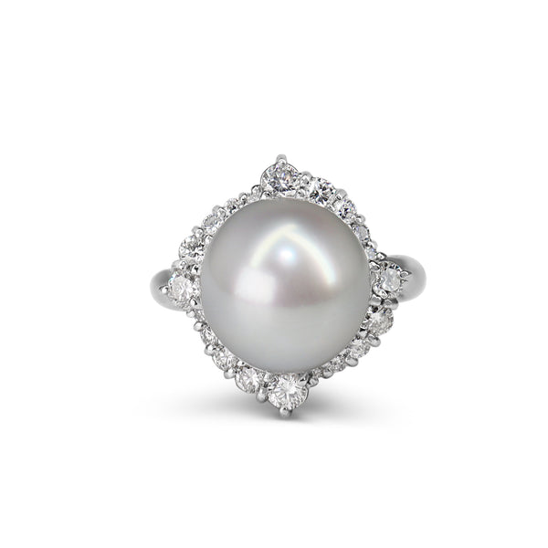 Platinum 12mm South Sea Pearl and Diamond Halo Ring
